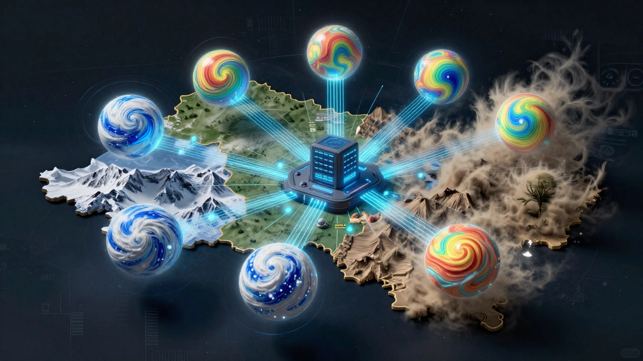Абстрактная симуляция погоды: воздушные сферы, ветровые потоки и температурные градиенты над картой семи регионов.