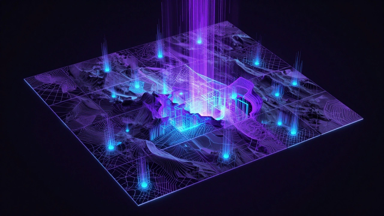 Абстрактное изображение города из цифровых тайлов и светящихся данных.