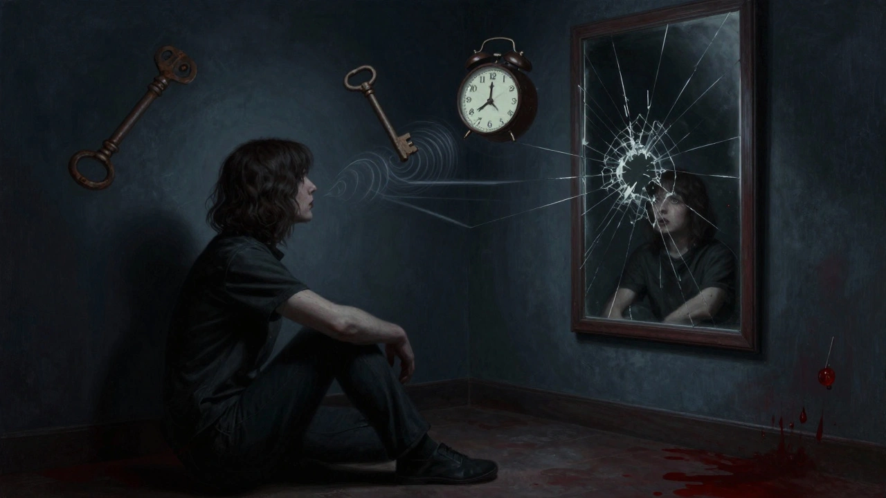 Человек смотрит в треснутое зеркало, где отражение искажено, вокруг него парят загадочные предметы в темноте.