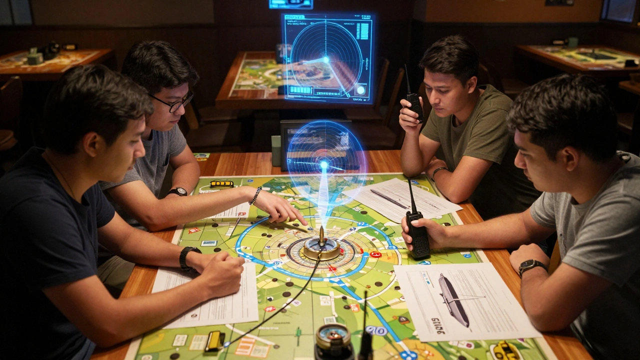 Четыре игрока в кафе координируют действия подводной лодки, смотрят на карту и используют оборудование, атмосфера командной работы.