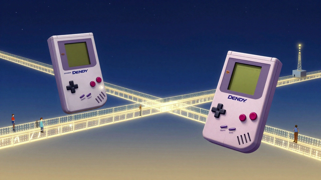 Цифровой мост из двоичного кода соединяет ретро-консоли в ночном небе, символизируя сетевую игру между игроками по всему миру.