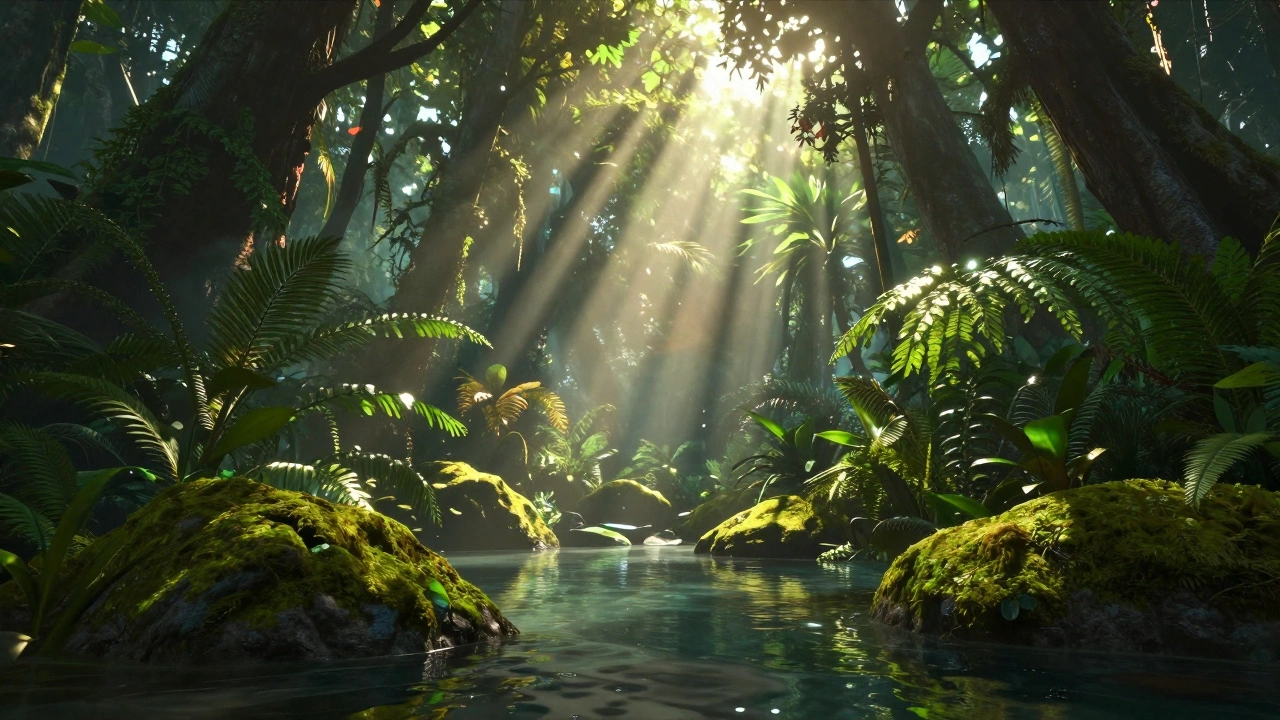 Чужой лес Пандоры с солнечными лучами, преломляющимися сквозь листву.