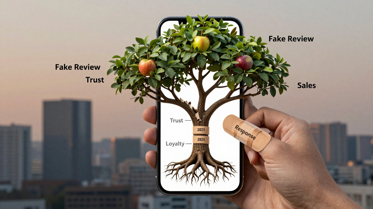 Дерево доверия, выросшее из отзывов покупателей, с восстановленной веткой и свежими листьями.