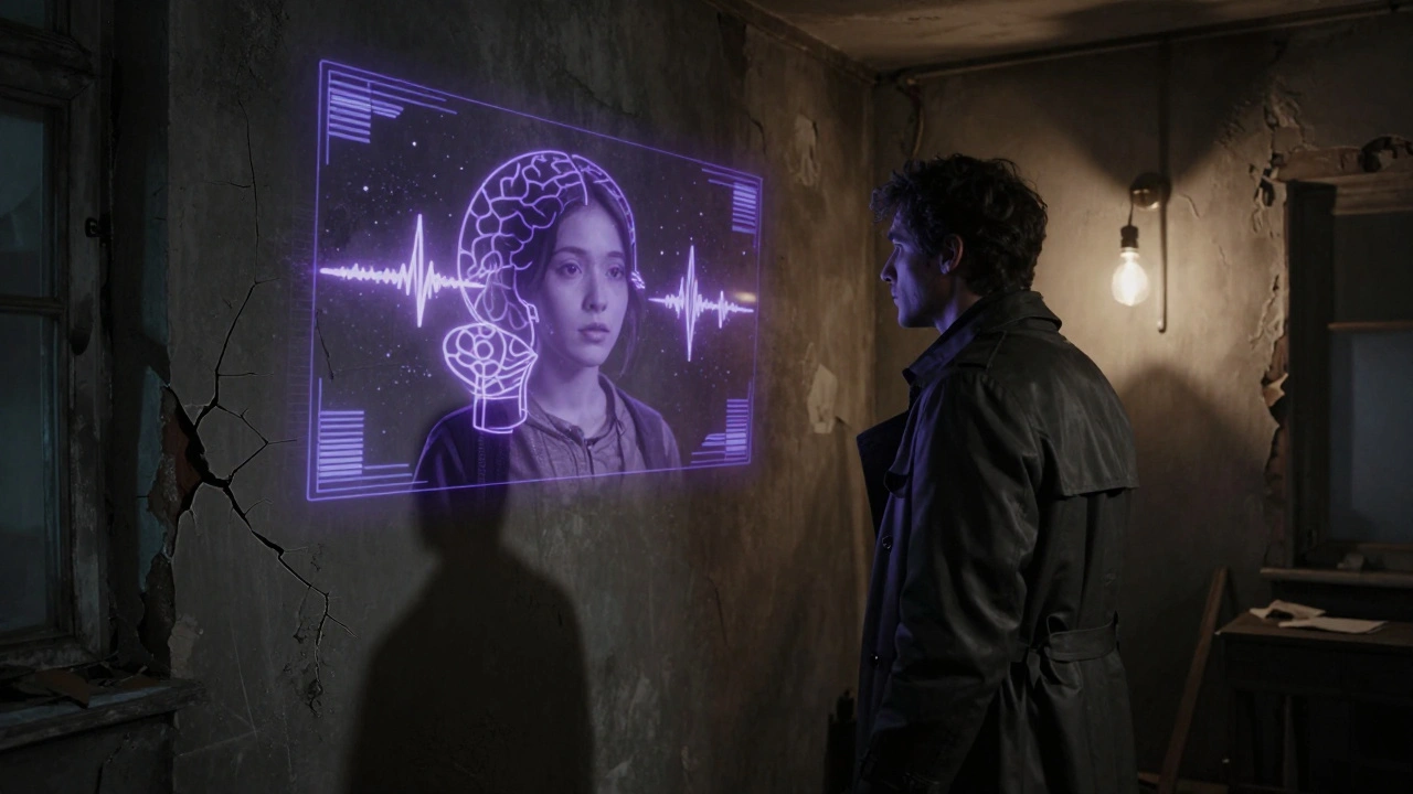 Детектив смотрит на нейроинтерфейс с фрагментами памяти убитого, стены шепчут статикой в темной комнате.