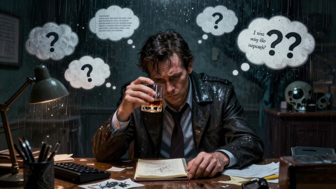 Детектив в запущенной комнате, окруженный мыслями и бокалом виски.