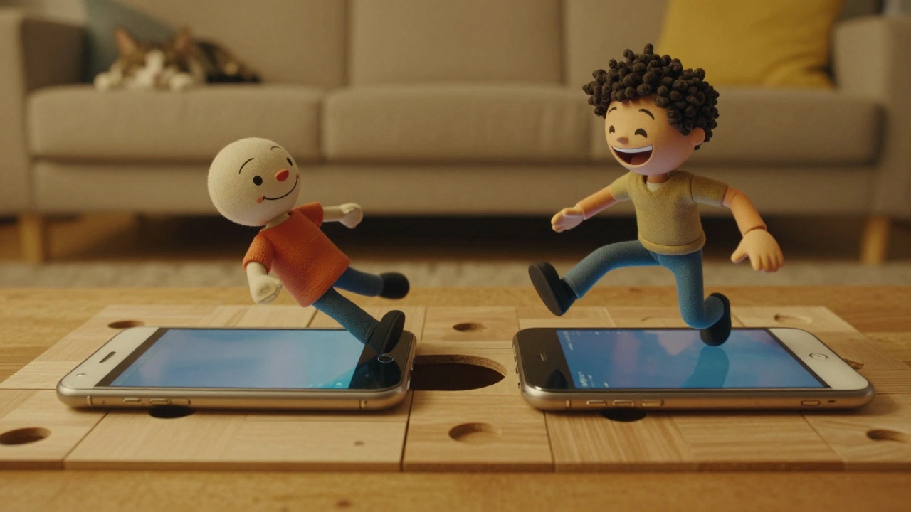 Два игрока смеются, играя в Human Fall Flat на старых телефонах, их растянутые персонажи падают с платформы в уютной комнате.