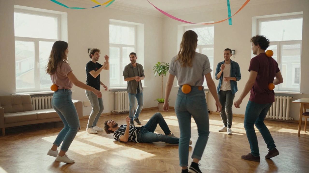 Двое пар танцуют, удерживая апельсин между спинами, все смеются, один человек уже упал на пол от усилий.