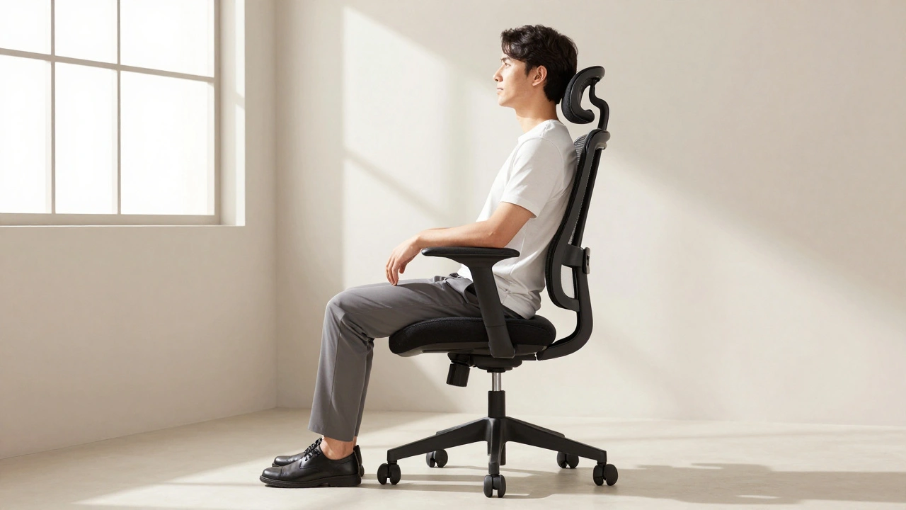 Эргономичное кресло с регулируемой поддержкой спины, правильная осанка и естественное освещение.