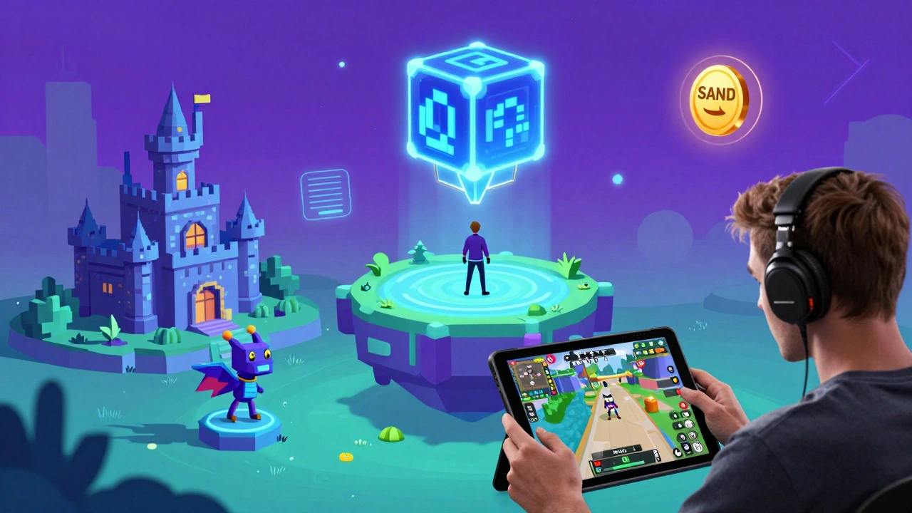 Геймер в цифровом мире The Sandbox, управляет NFT-активами через интерфейс ИИ-ассистента.