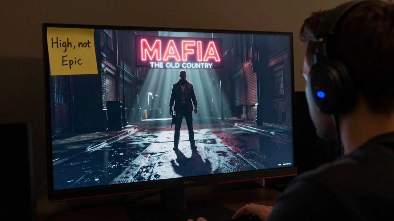 Геймер за монитором, на экране — тень от неоновой вывески, на мониторе заметна записка 'High, не Epic'.