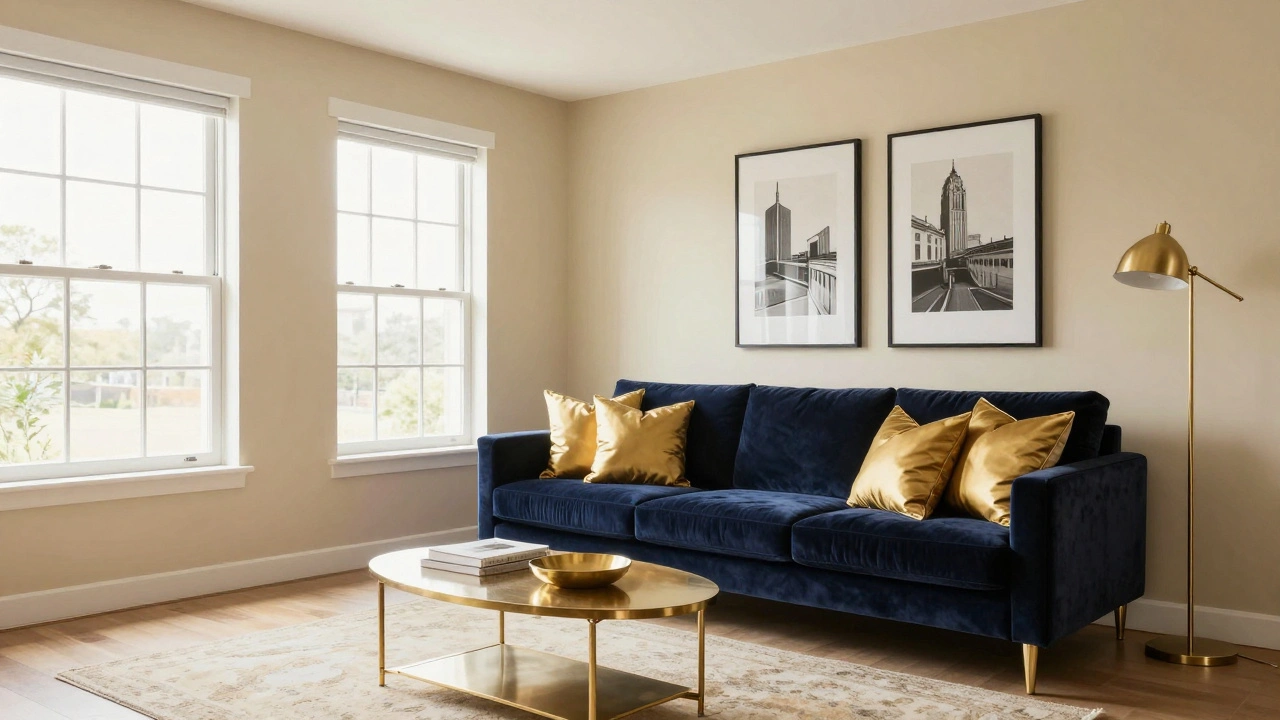 Гостиная в соответствии с правилом 60-30-10: бежевые стены, темно-синий диван и золотые акценты при дневном свете.