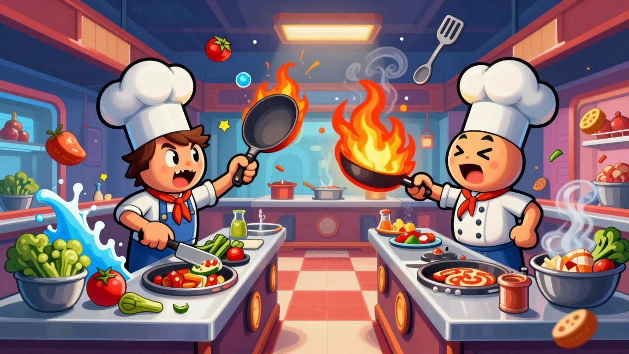 Художественная иллюстрация поваров в игре, готовящих еду в суматохе.