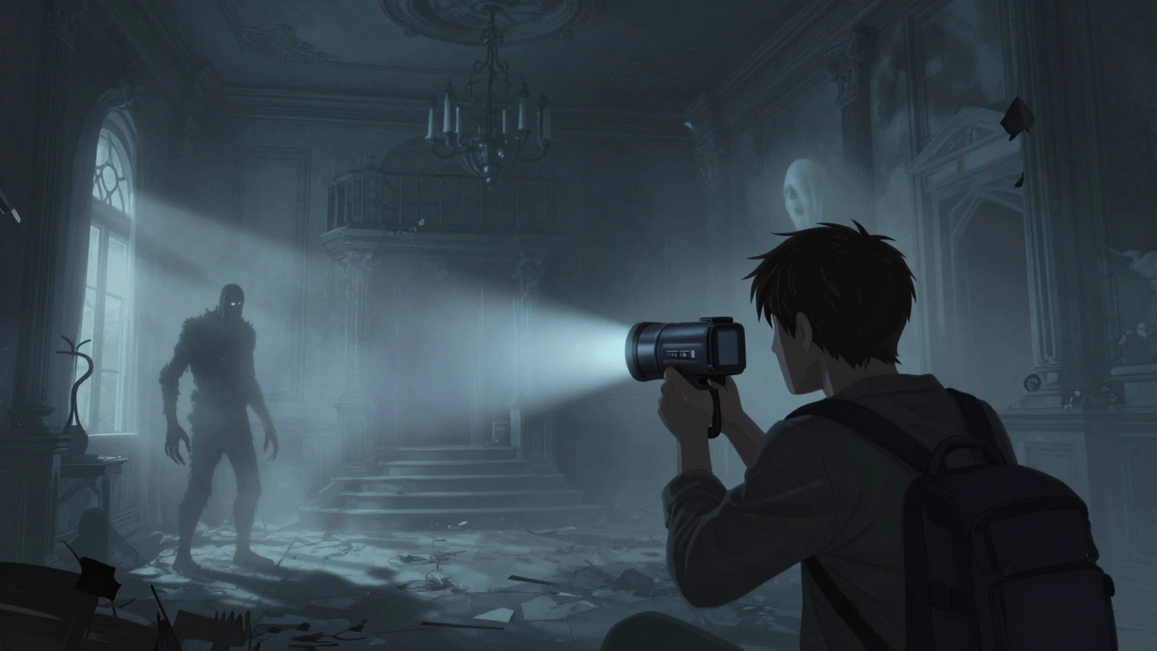 Игрок с инфракрасной камерой в туманном доме, перед ним стоит монстр с крюками, тени и туман скрывают угрозы.