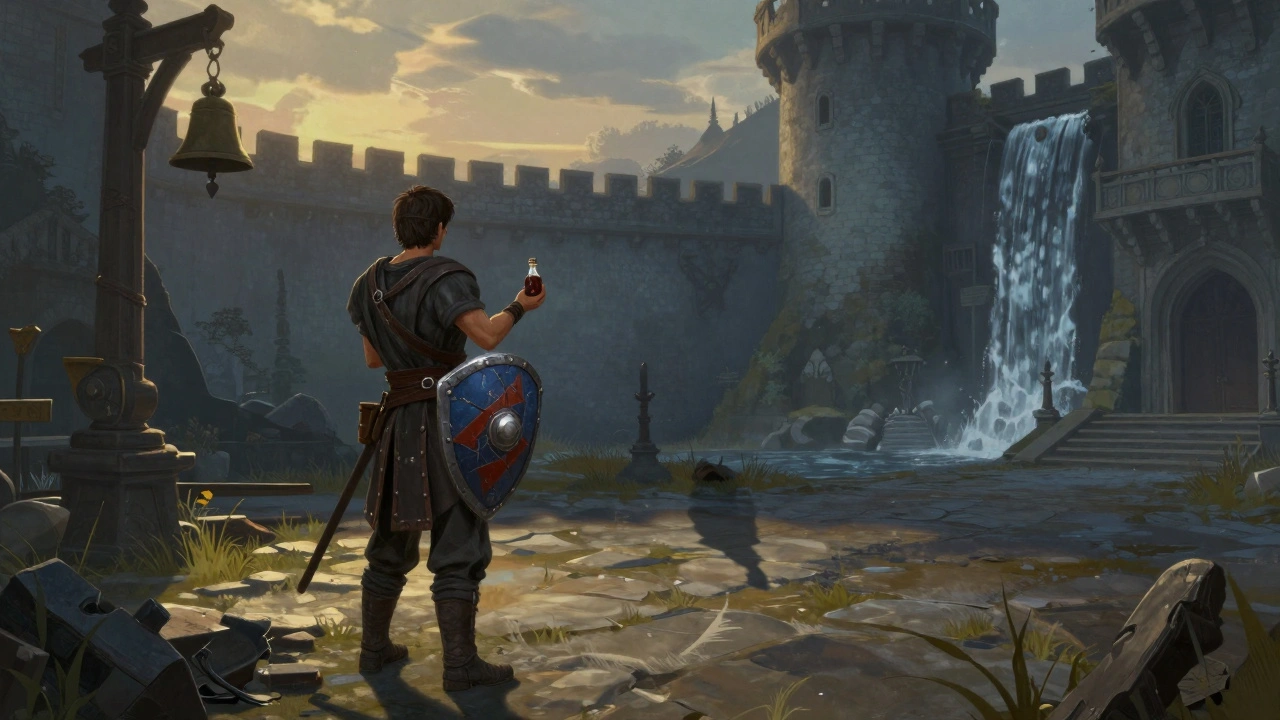 Игрок стоит с простым снаряжением, а босс смотрит на него — вокруг видны подсказки среды, указывающие на путь к победе.