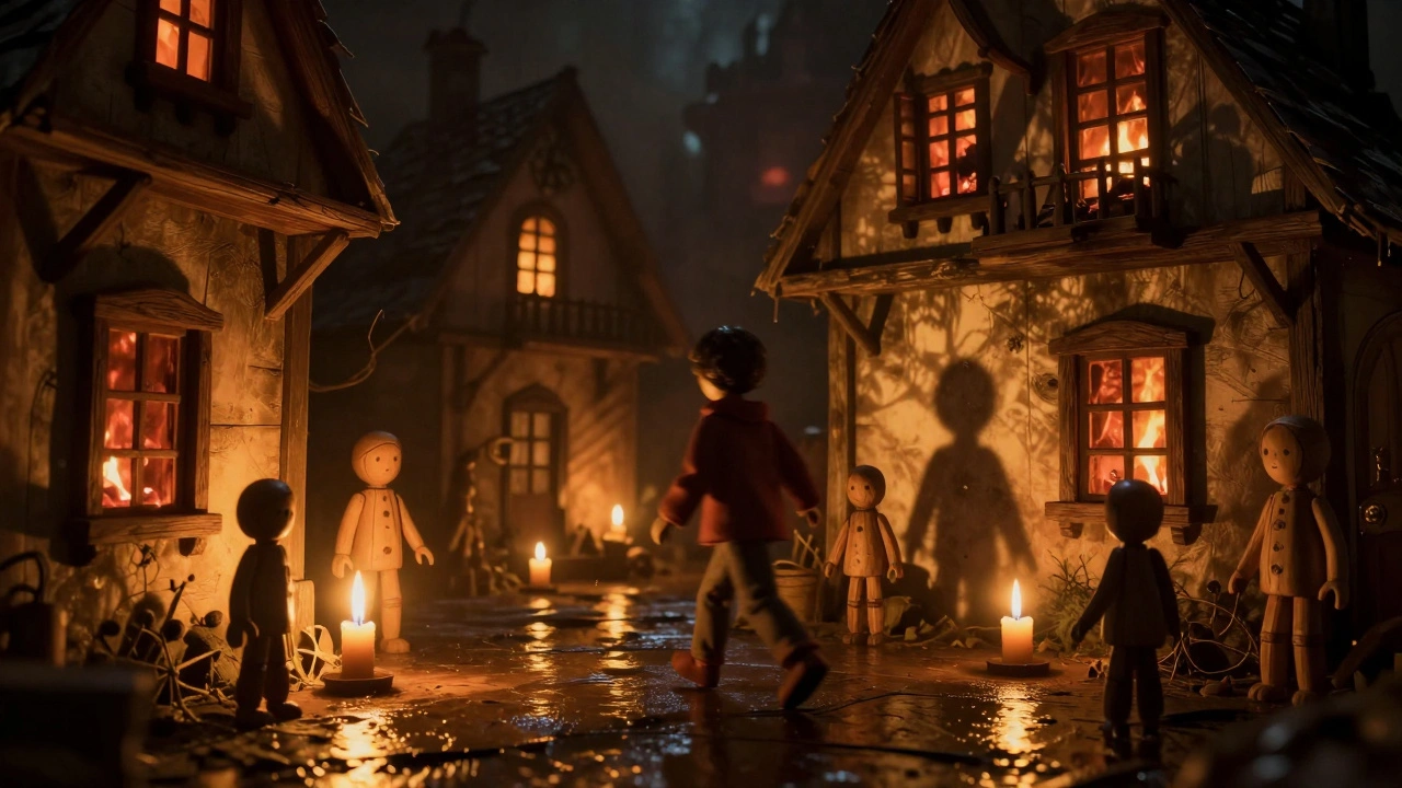 Интерьер дома с тенями кукол на стене, освещённый пламенем костра.