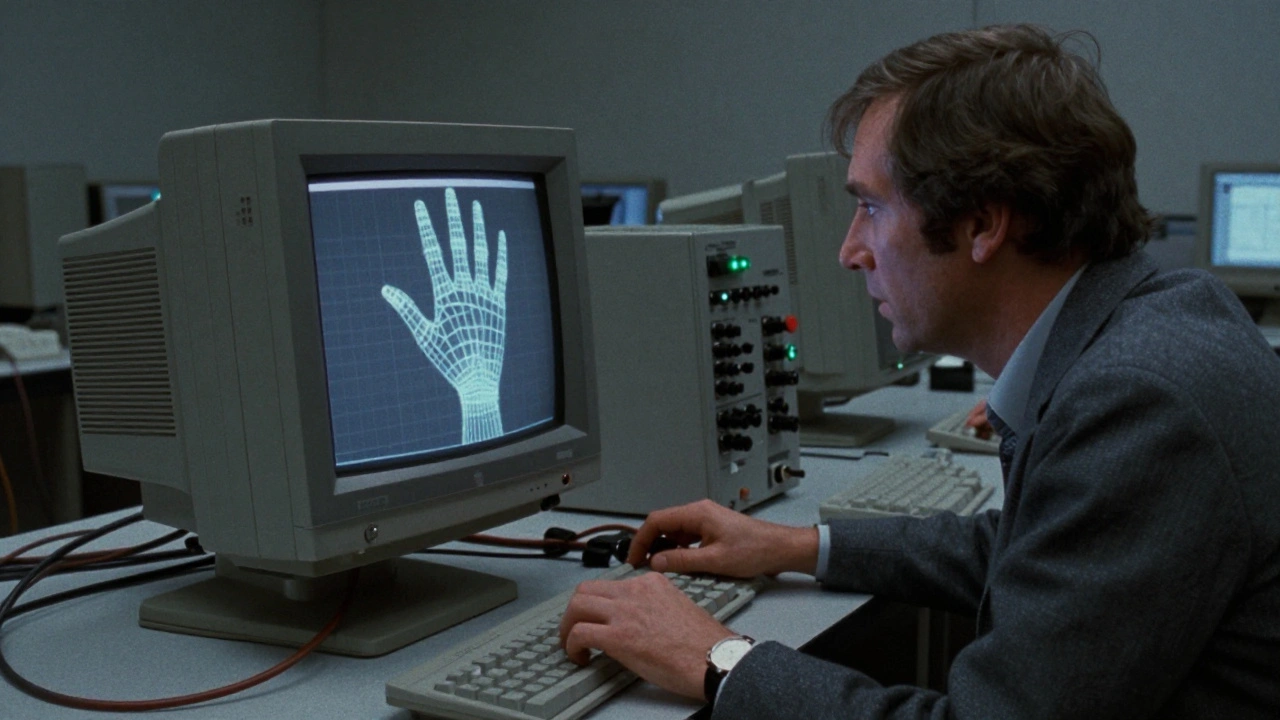 Инженер в 1970-х смотрит на проволочную модель руки на мониторе старого компьютера.