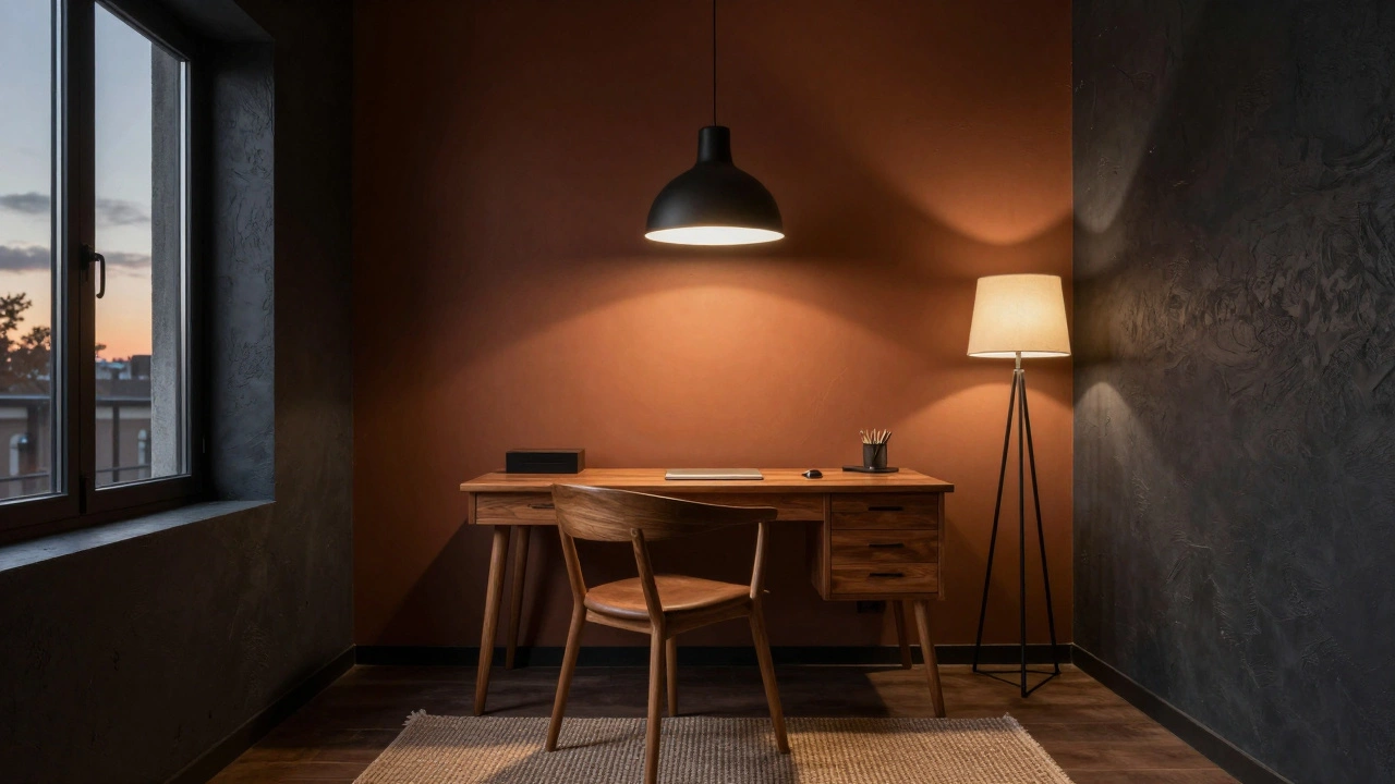 Кабинет с темно-серыми стенами, акцентной стеной в красно-коричневом и слоистым освещением при закате.