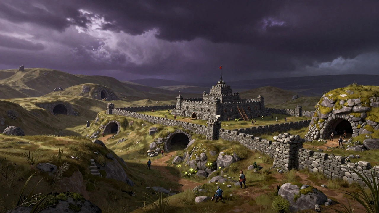 Каменистая крепость выдерживает шторм в диком мире