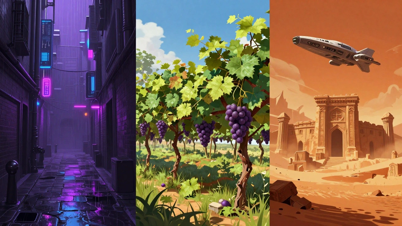 Коллаж игровых миров: неоновый город, виноградник и пустыня с космическим кораблем.