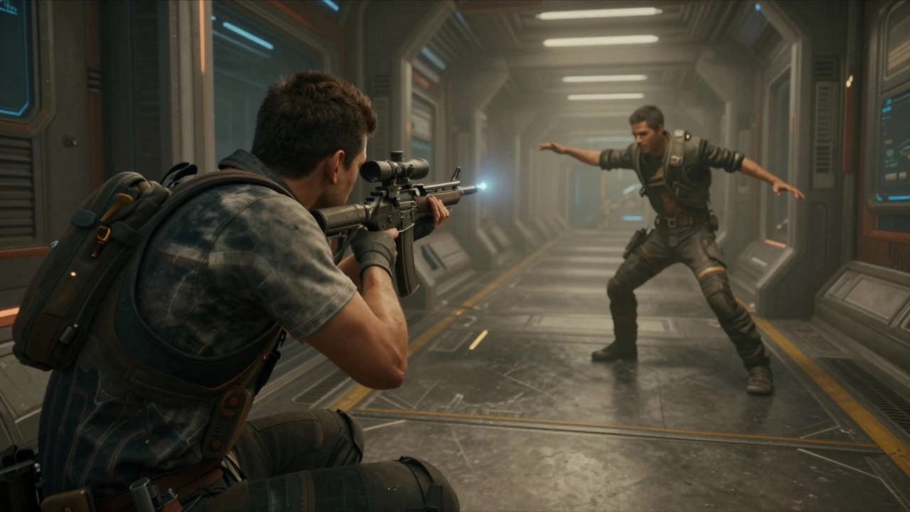 Контраст снайпера и бойца в коридоре будущего без интерфейса