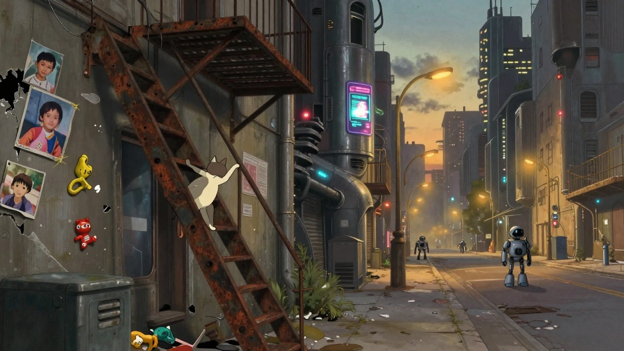 Кот на крыше заброшенного футуристического города, рядом разбитые игрушки и мигающие рекламные панели.