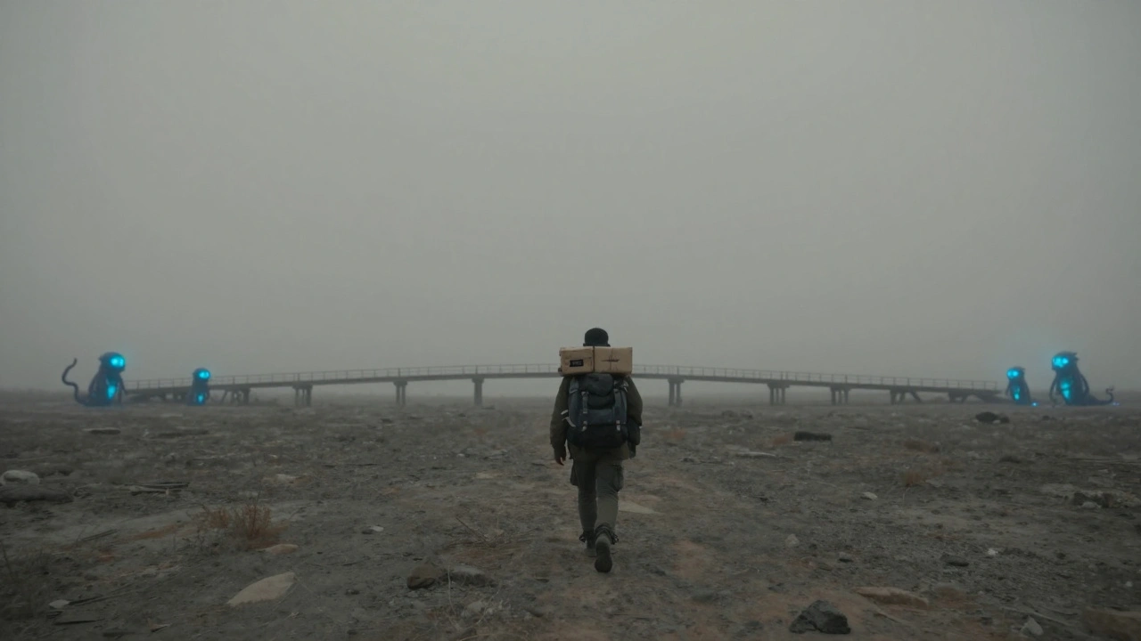 Курьер идет по разрушенной земле, за ним — хрупкий мост, вдали — странные существа.