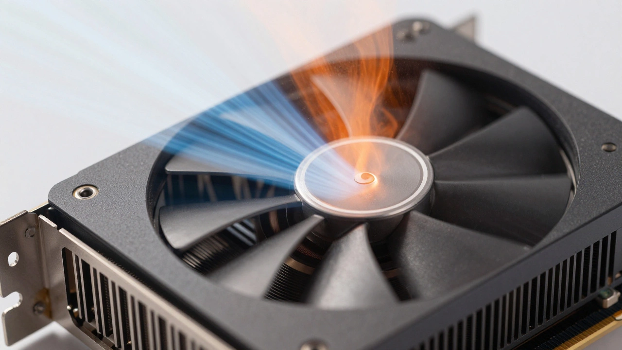 Макросъемка кулера видеокарты с визуализацией тепла и потока воздуха.