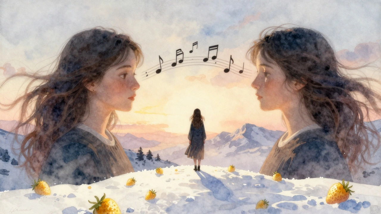 Мэделин встречается со своим тёмным двойником на вершине горы, вокруг — ноты и золотые ягоды.