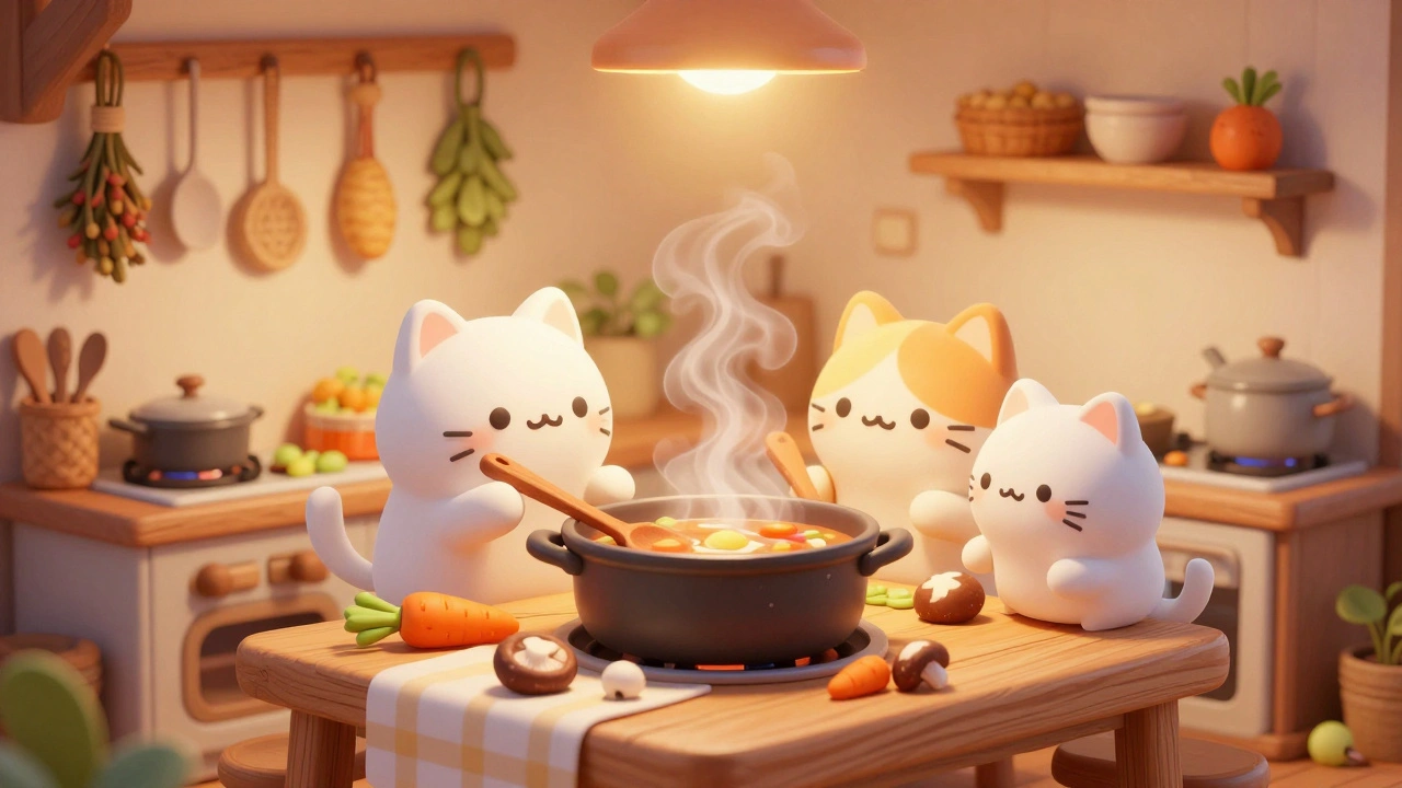 Милые котики готовят горячий суп на маленькой уютной кухне.