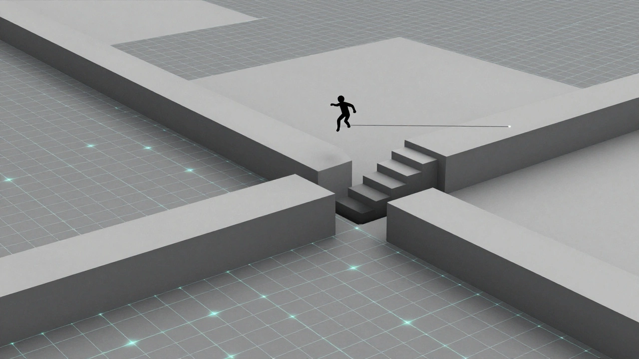 Минималистичная модель уровня из геометрических блоков с персонажем, прыгающим через пропасть.