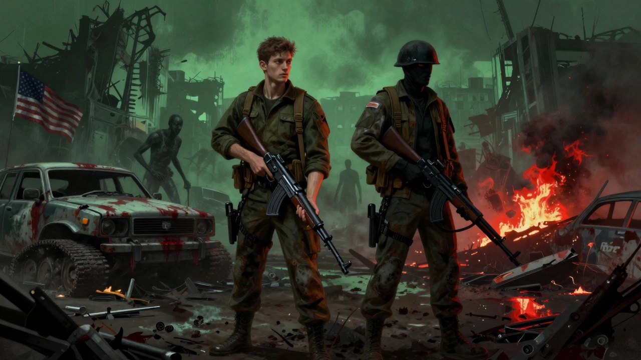 Молодой Маркус и Доминик в грязи после нападения Locust, вокруг — разрушенный город, кровь и пожар, туман скрывает врагов.