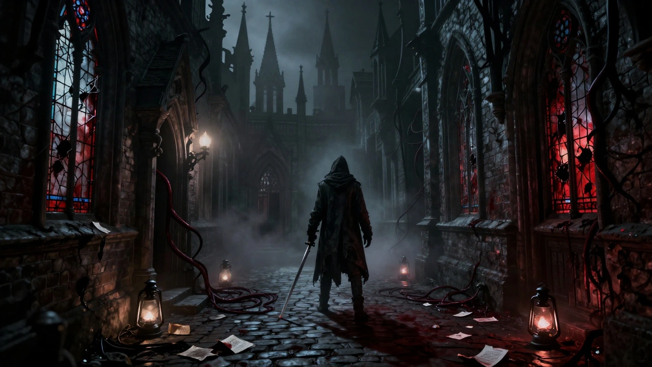 Мрачный переулок готического города с кровавыми пятнами, туманом и силуэтом охотника в тени.