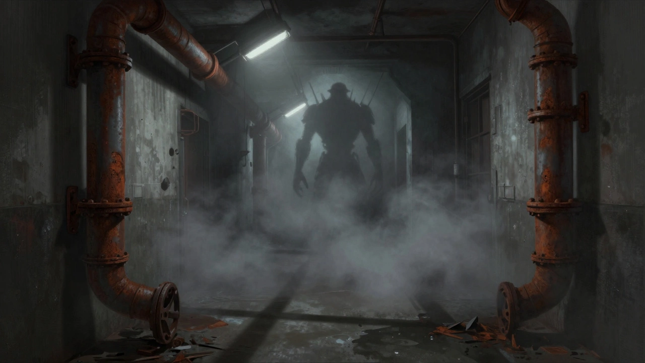 Мрачный промышленный коридор с дымкой и теневым монстром вдалеке.