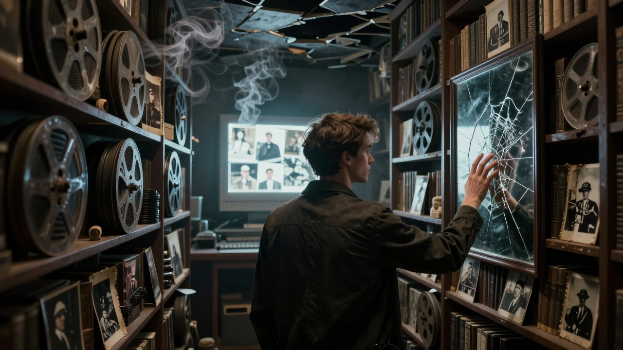 Мужчина прикасается к зеркалу в архиве, где отражаются воспоминания о мире до победы нацистов.