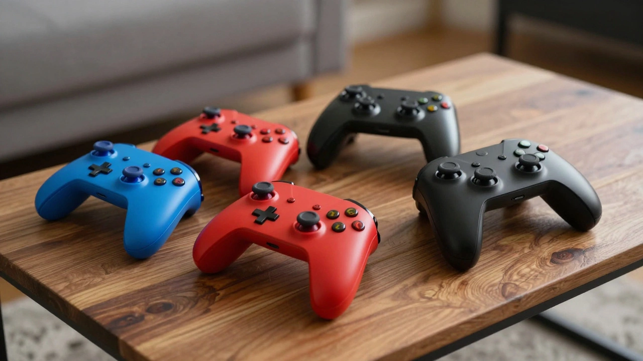 Набор различных контроллеров для игровой консоли на деревянном столе.
