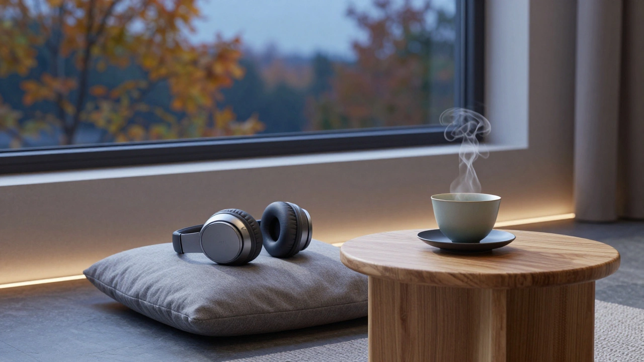 Наушники и чай в спокойном уголке комнаты для отдыха