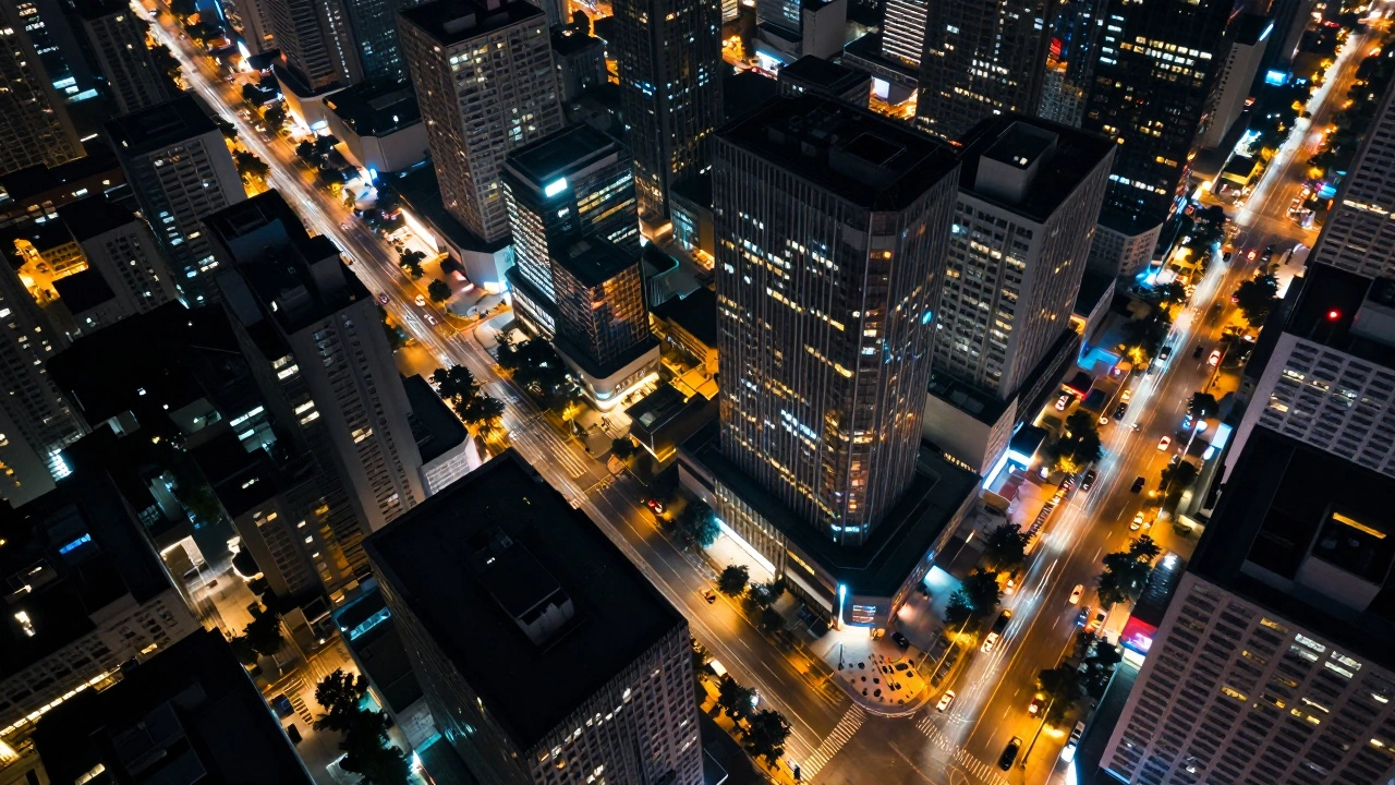 Ночной мегаполис с потоками транспорта как живой организм