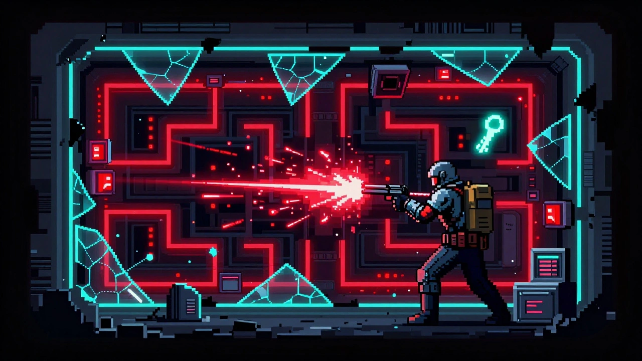 Одинокий наемник стреляет в руинах корпоративного небоскреба, пиксельный стиль с красными и синими огнями.