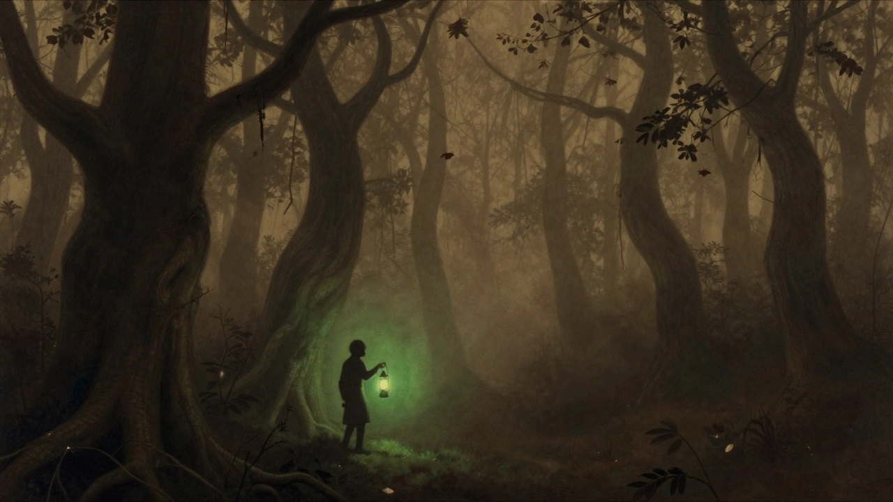Одинокий путник с фонарём в туманном лесу, где тёмные силы наблюдают из темноты.