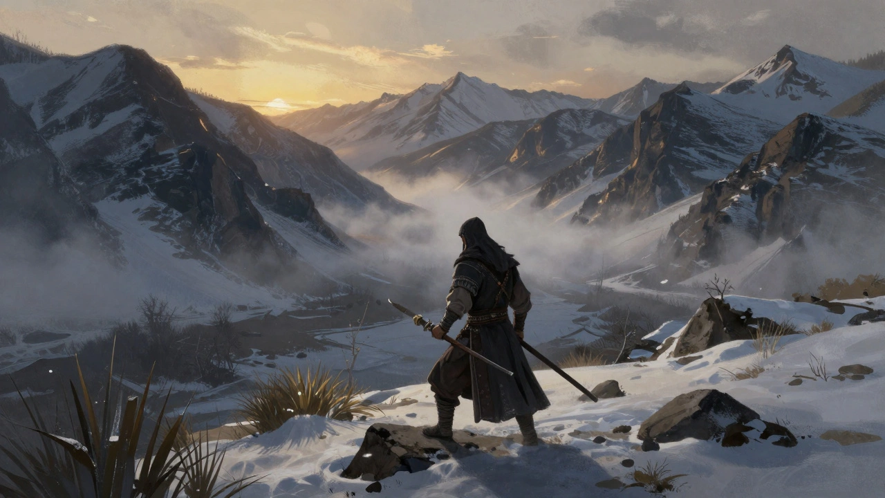 Одинокий воин в горах Центральной Азии под атмосферным золотым светом.