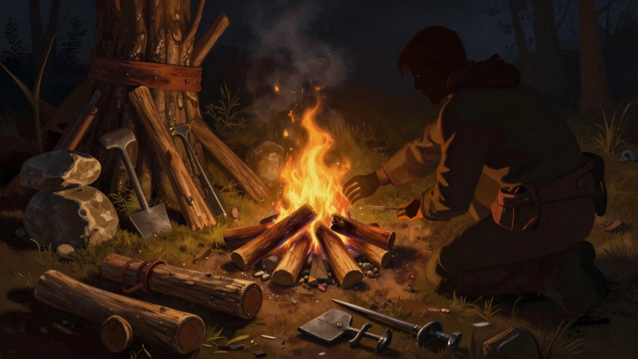 Огонь лагеря согревает инструменты среди ночного леса