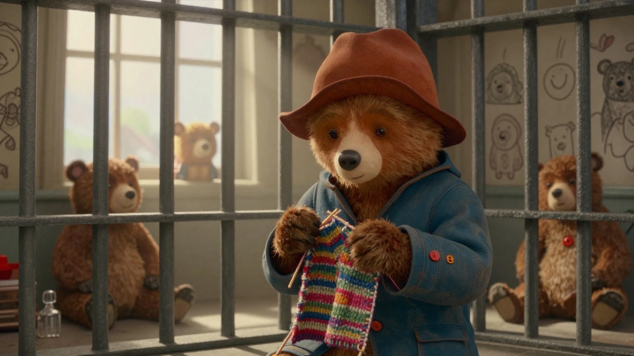 Паддингтон в тюрьме вяжет шарф, другие заключённые смотрят с теплотой, свет падает на его пиджак.