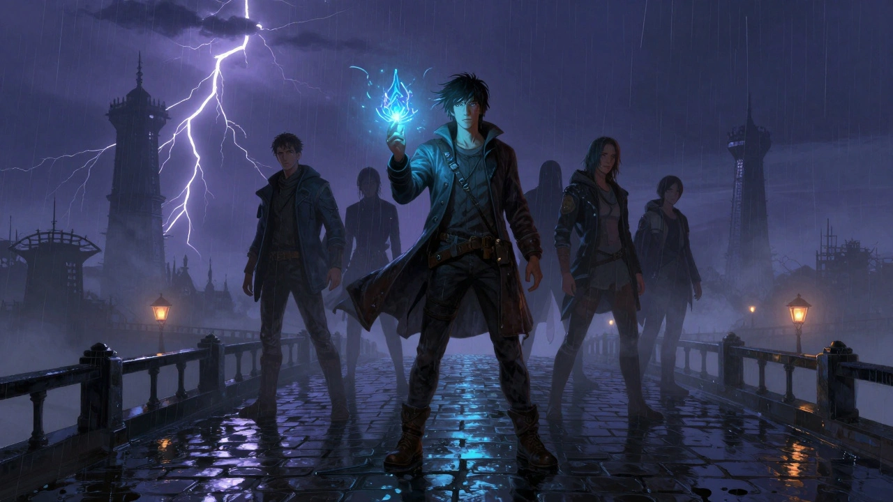 Пять игроков на мосту в тумане, один держит артефакт, молнии освещают ночные силуэты и мокрые камни.