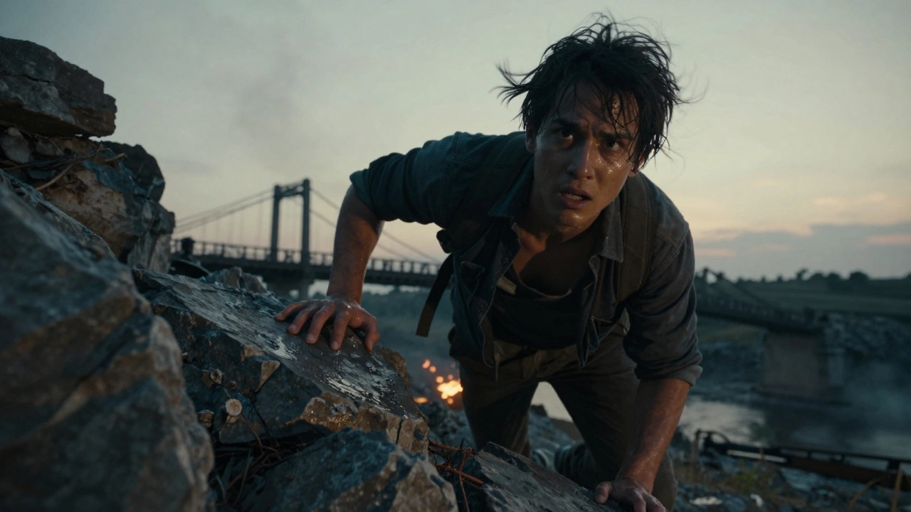 Персонаж лезет по разрушающимся руинам на закате, сражаясь с ветром и отголосками боя за прошлую надежду.