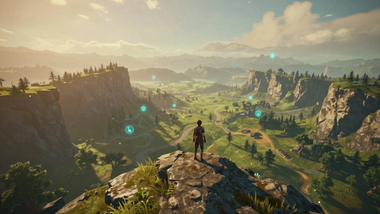 Персонаж на вершине горы в игровом мире с подсказками навигации.