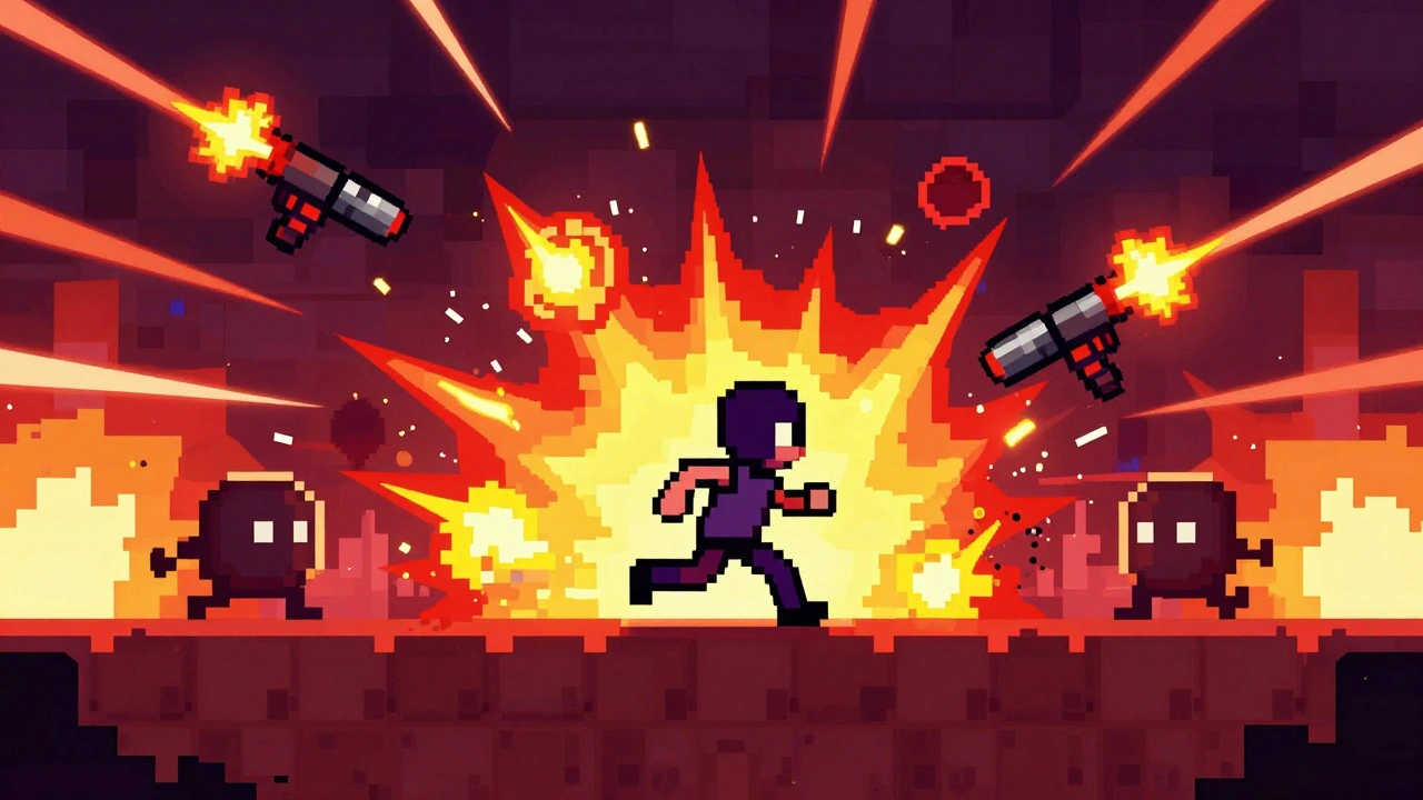 Персонаж в Vampire Survivors бежит через битву с взрывающимися врагами и летающим оружием в пиксель-арт стиле.