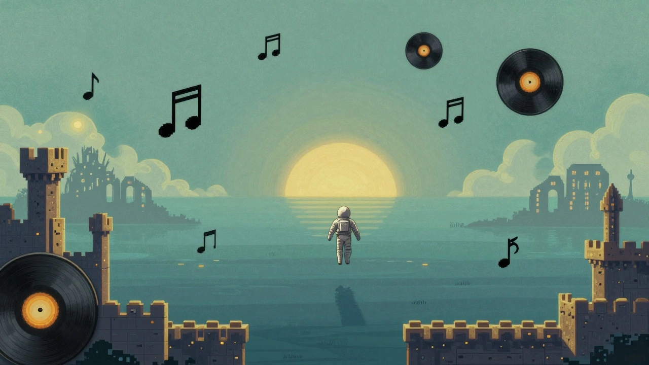 Плавающие пиксельные ноты и руины старых игр в мечтательном океане