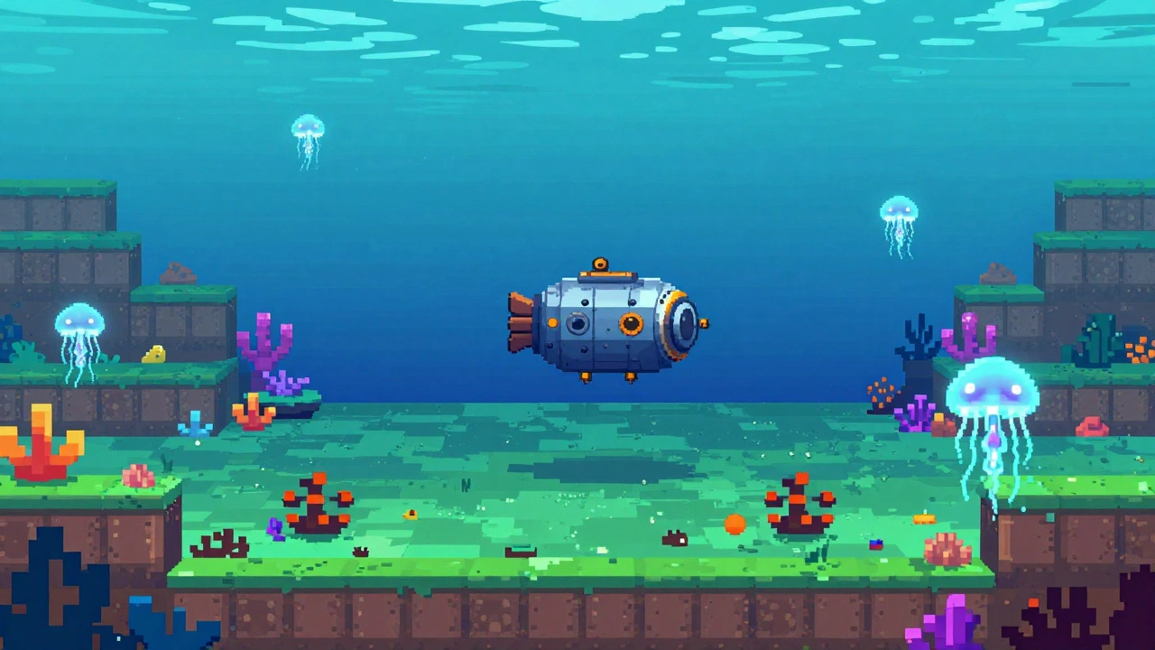 Подводная база из металлолома в ярком океане с кораллами и медузами в пиксельном стиле.