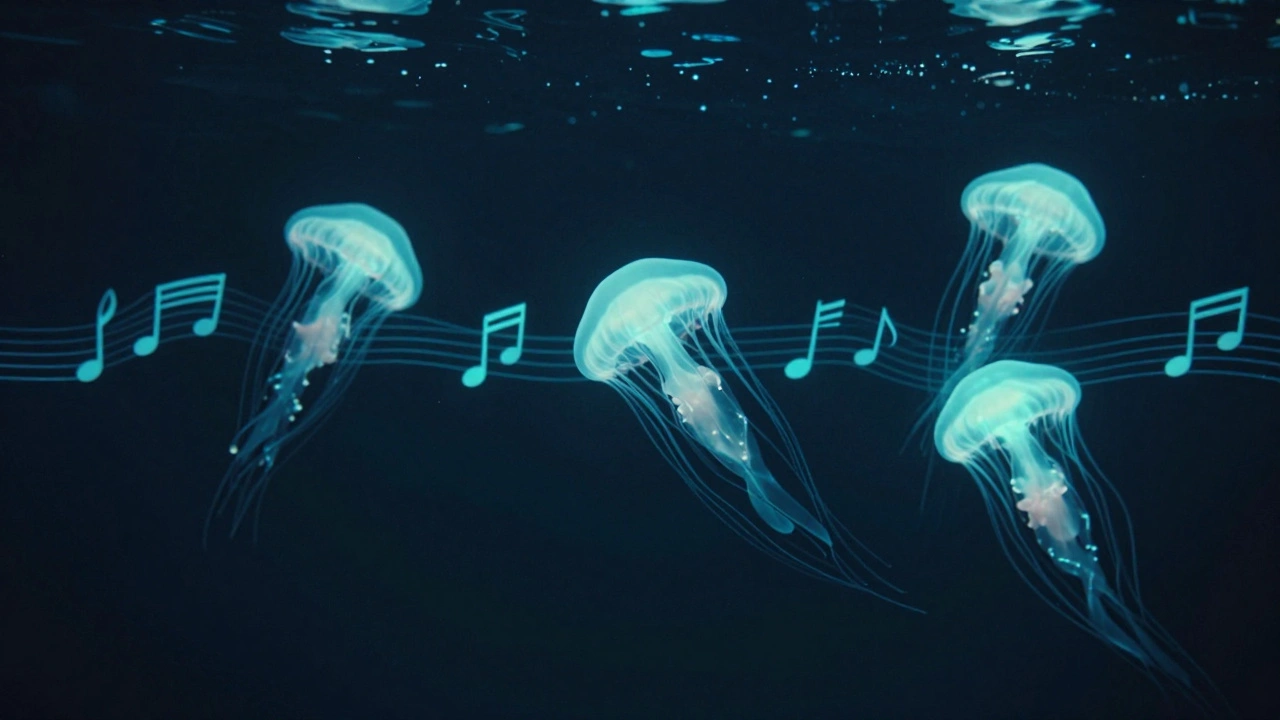 Подводный мир с биолюминесцентными медузами, пульсирующими в такт музыке.
