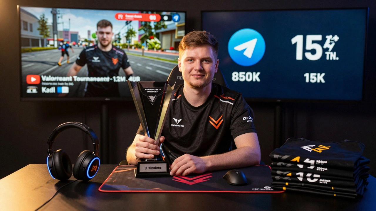 Профессиональный киберспортсмен из Казани с трофеем и брендированным игровым снаряжением.